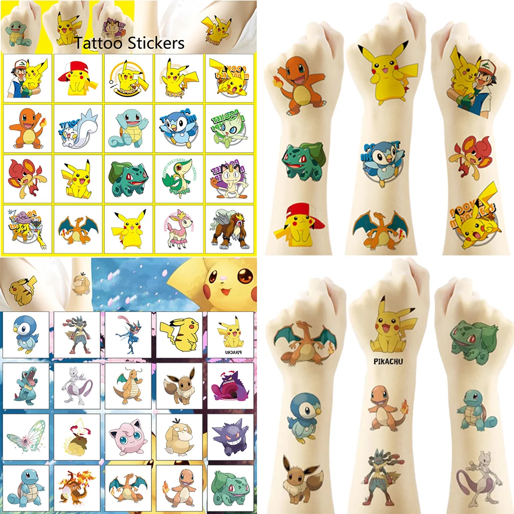 20Pcs/set Pokemon Tattoo Stickers Pikachu Action Figure Cartoon Temporary Tattoos Arm Face Body Art Fake Tattoo Birthday Gifts