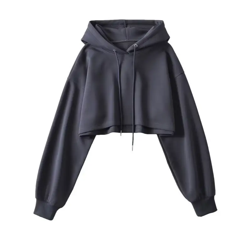 Sexy Short Hooded Sweatshirts Women Fashion Solid Color Long Sleeve Crop Tops Korean Streetwear Pullover Hoodies Female