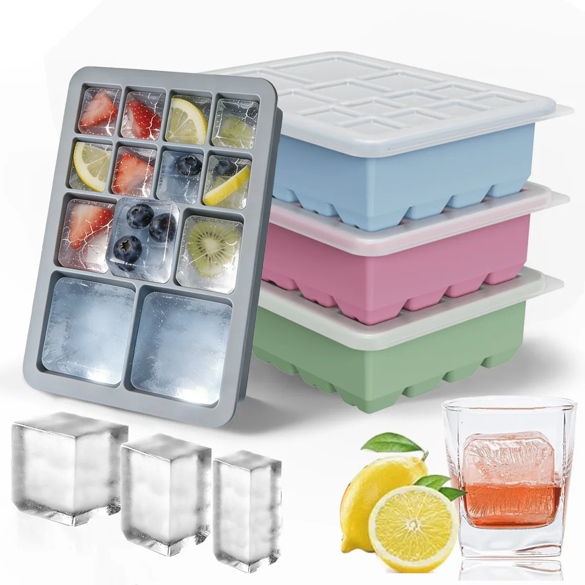 Silicone Ice Cube Molds with Leak Proof Removable Lid Square Ice Cube Tray BPA Free for Cocktail Whiskey Stackable Flexible Ice