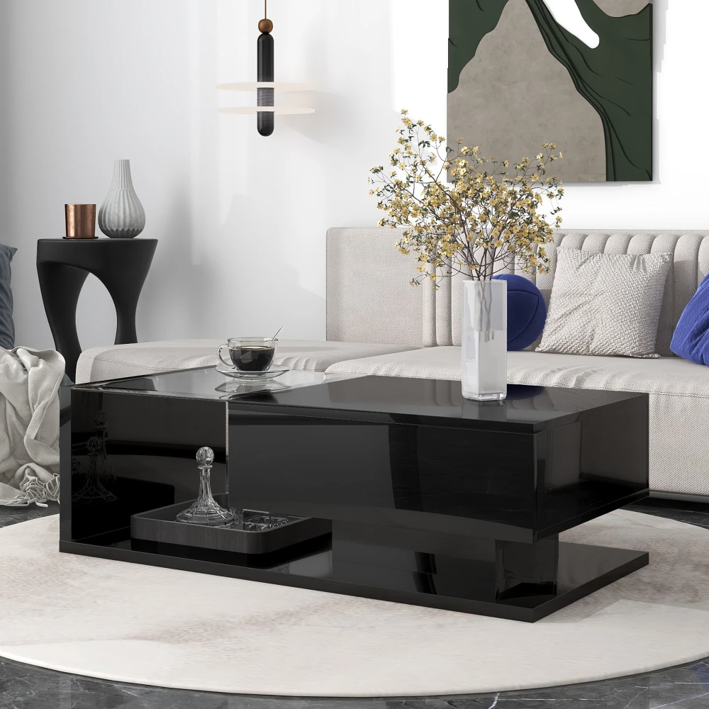 [VIDEO provided] ON-TREND Modern Coffee Table with Tempered Glass, Wooden Cocktail Table with High-gloss UV Surface, Mod