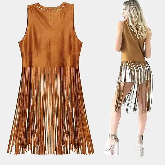 Hippie Costumes Clothes For Women Girls Halloween Cosplay Costume Disco 60s 70s Outfits Female Fringe Hippie Vest Brown Set