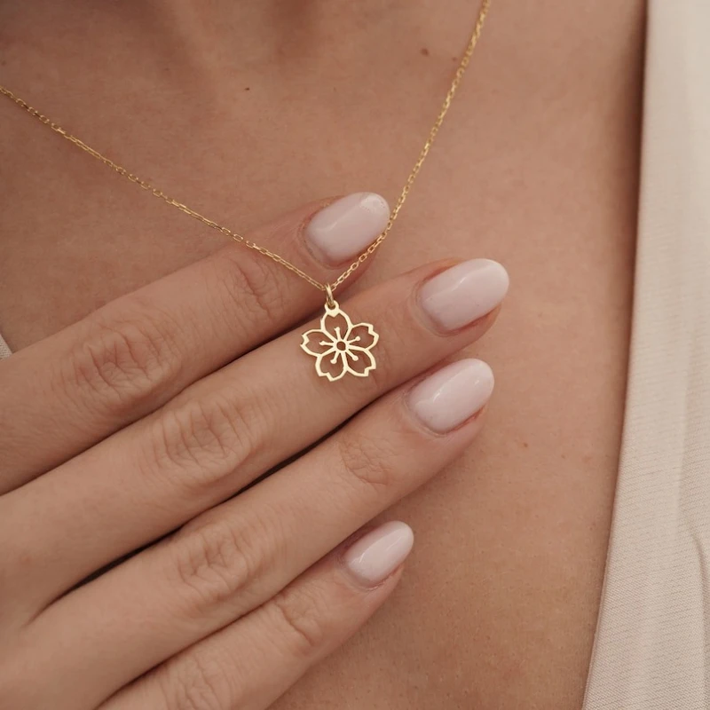 

Dainty Sakura Flower Charm Necklaces Tiny Stainless Steel Pendant Necklaces Birth Flower Necklace for Lovers Jewelry Gift