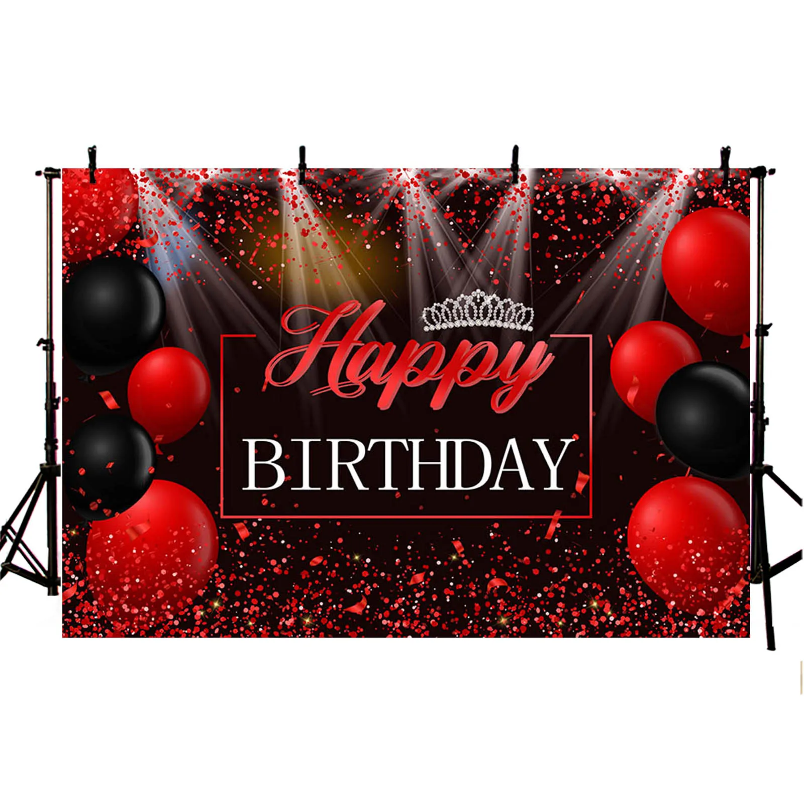 Happy Birthday Photography Background Red Black Balloons Silver Crown Backdrop Party Decoration Girls Portrait Photo Studio