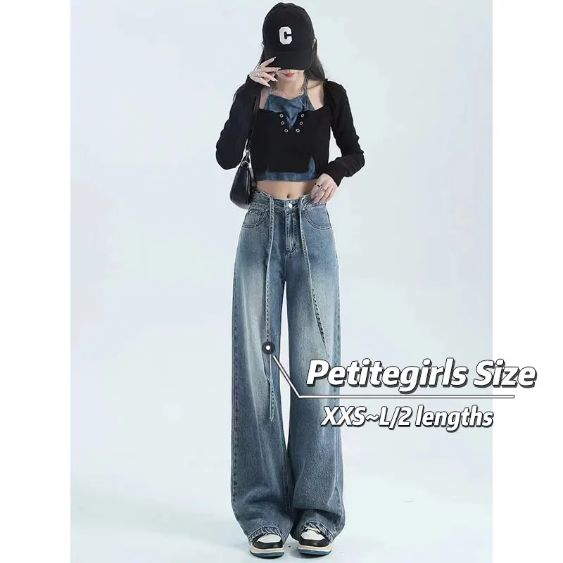 150cm Petite Short Vintage Buckle Jeans Women High Waist and Wide Leg  XS Size Flattering Lengthening Appear High Ankle Korean