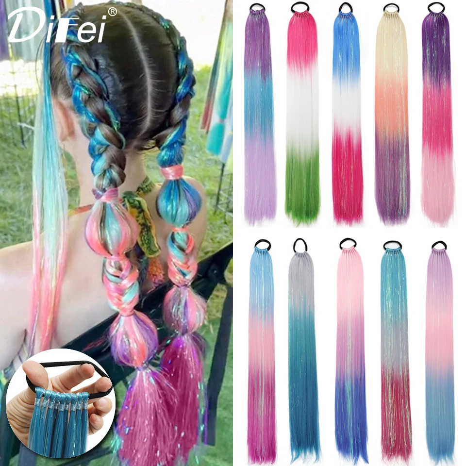 

Color Gradient Laser Silk Ponytail Synthetic Wig Girl Laser Silk Shiny Gradient Long Ponytail Color Gradient Braided Wig