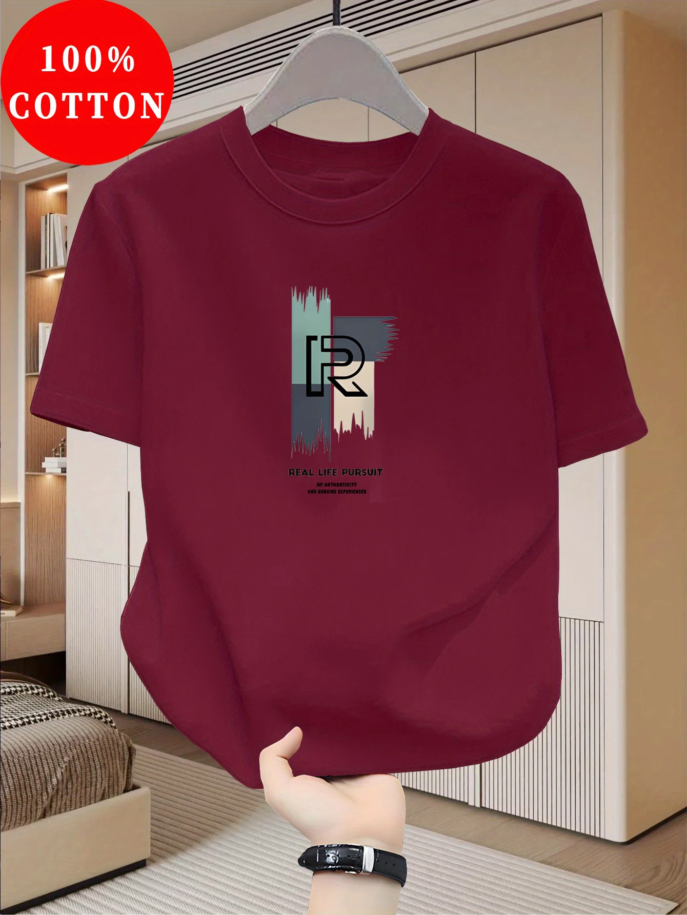 Men's 100% Pure Cotton Casual Loose Modern Abstract Letter and 'At Time' Pattern Printed Round Neck Short Sleeved T-Shirt Top
