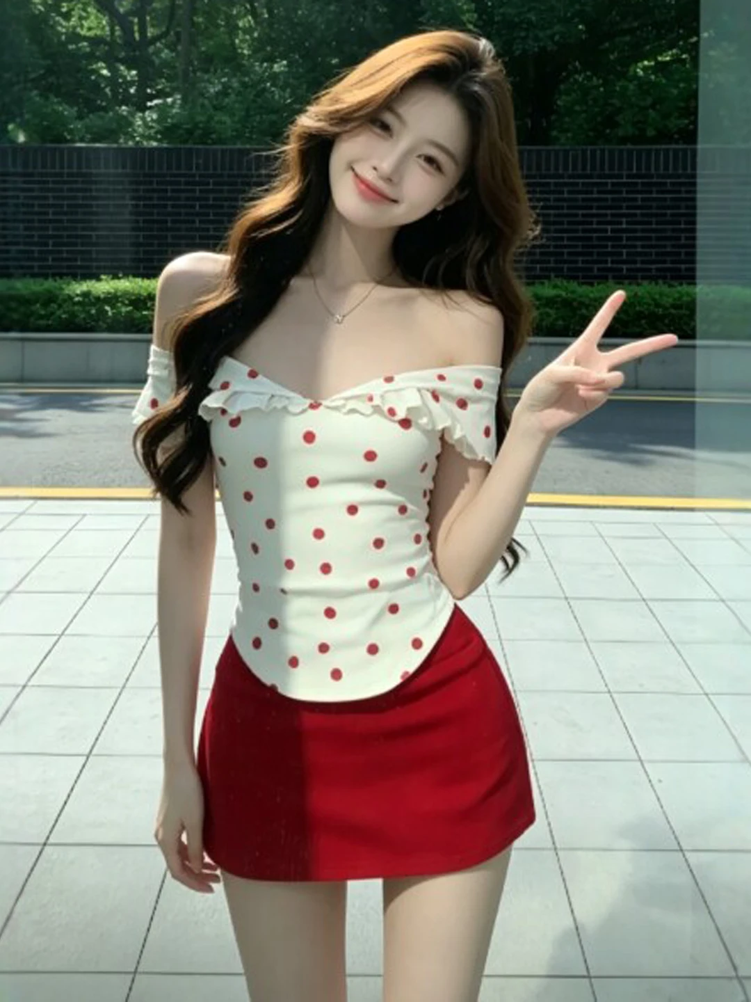 

Red One-Shoulder Short Skirt Set Gentle Style Summer Fashion Two-Piece Women's Clothing Cotton Material Casual Occasion
