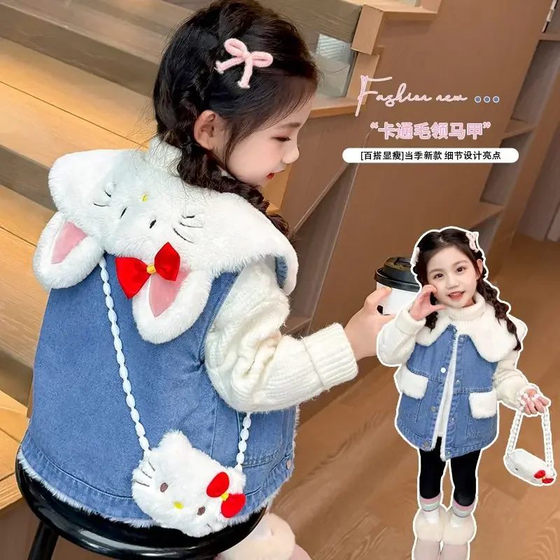 

Girly Heart Kawaii MINISO Hello Kitty Anime Vest Autumn Winter Kt Cat Cute Cartoon Plus Fleece Baby Vest Jacket Gifts for Kids