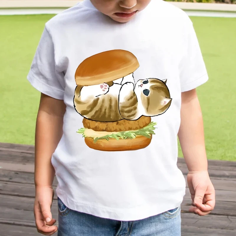 Cute Hamburger Cat Kids T-shirt Summer Cartoon Kitten Clothes Street Fashion Boy Girl Short Sleeve Graphic Tee Anime Cat Tshirt