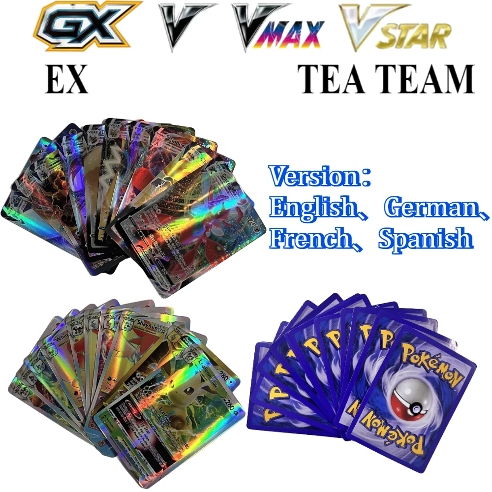 

54-200 Pcs Pokemon Cards Set - French English German Spanish Multilingual - GX V VMAX VSTAR Rare Collection with Pikachu