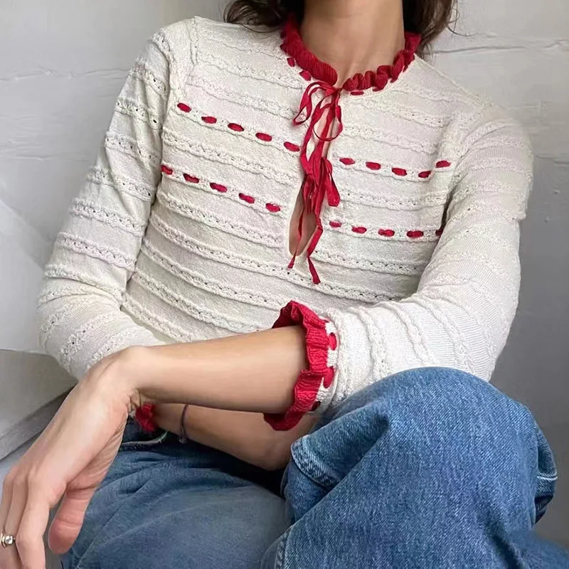 

French Sle ort Knitted Sweater with Color Blo Ribbon Knot Hollow out Wood ain for Women Autumn 2025