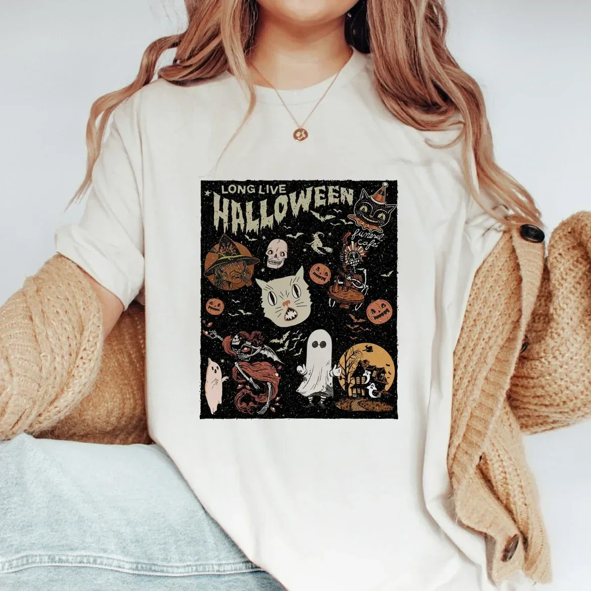 Modny Retro z krótkimi rękawami letni nadrukowane okrągłe dekolt Top T-shirt na Halloween moda damska zabawa wzór dyni T-shi