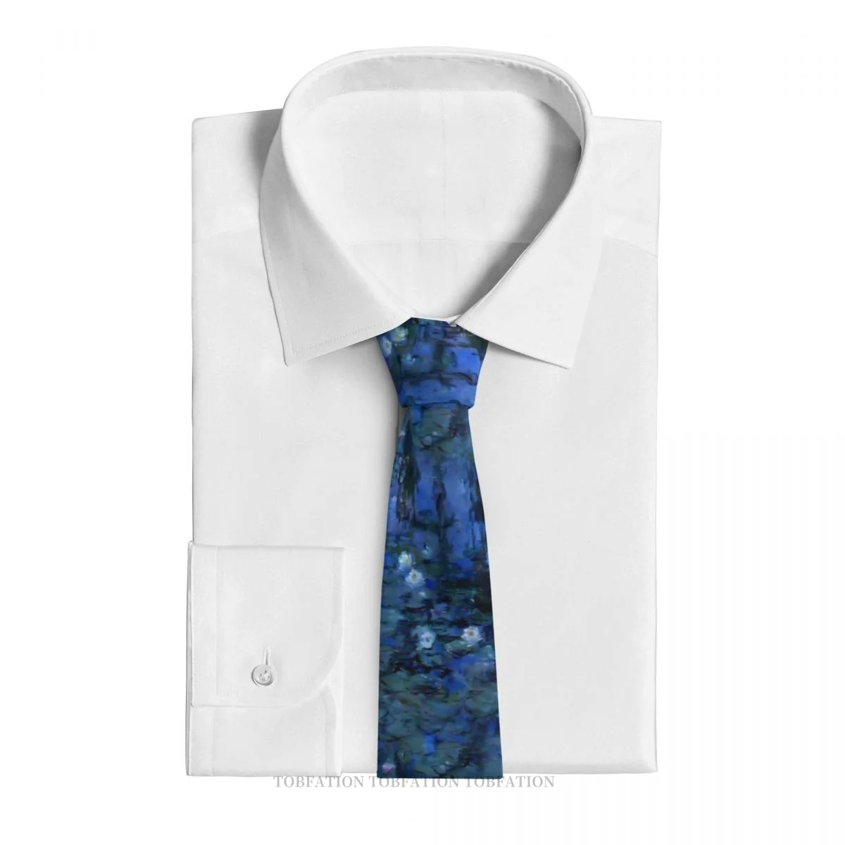 Night Blue Claude Monet Water Lilies Lotus  Classic Men's Printed Polyester 8cm Width Necktie Cosplay Party Accessory