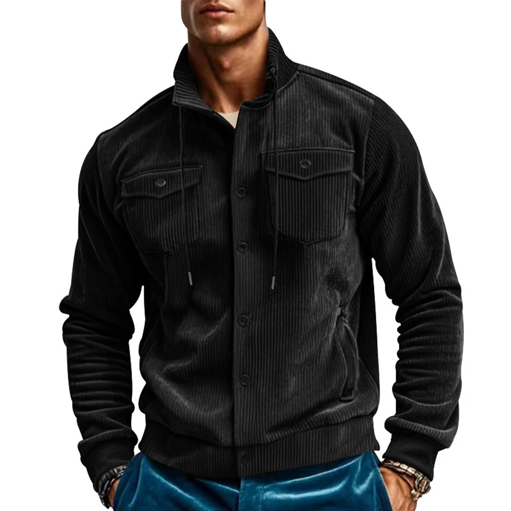 Men's Corduroy Lapel Button-Up Cardigan Jacket Winter Warm Casual Outerwear Cozy Retro Style Coat for Autumn Streetwear