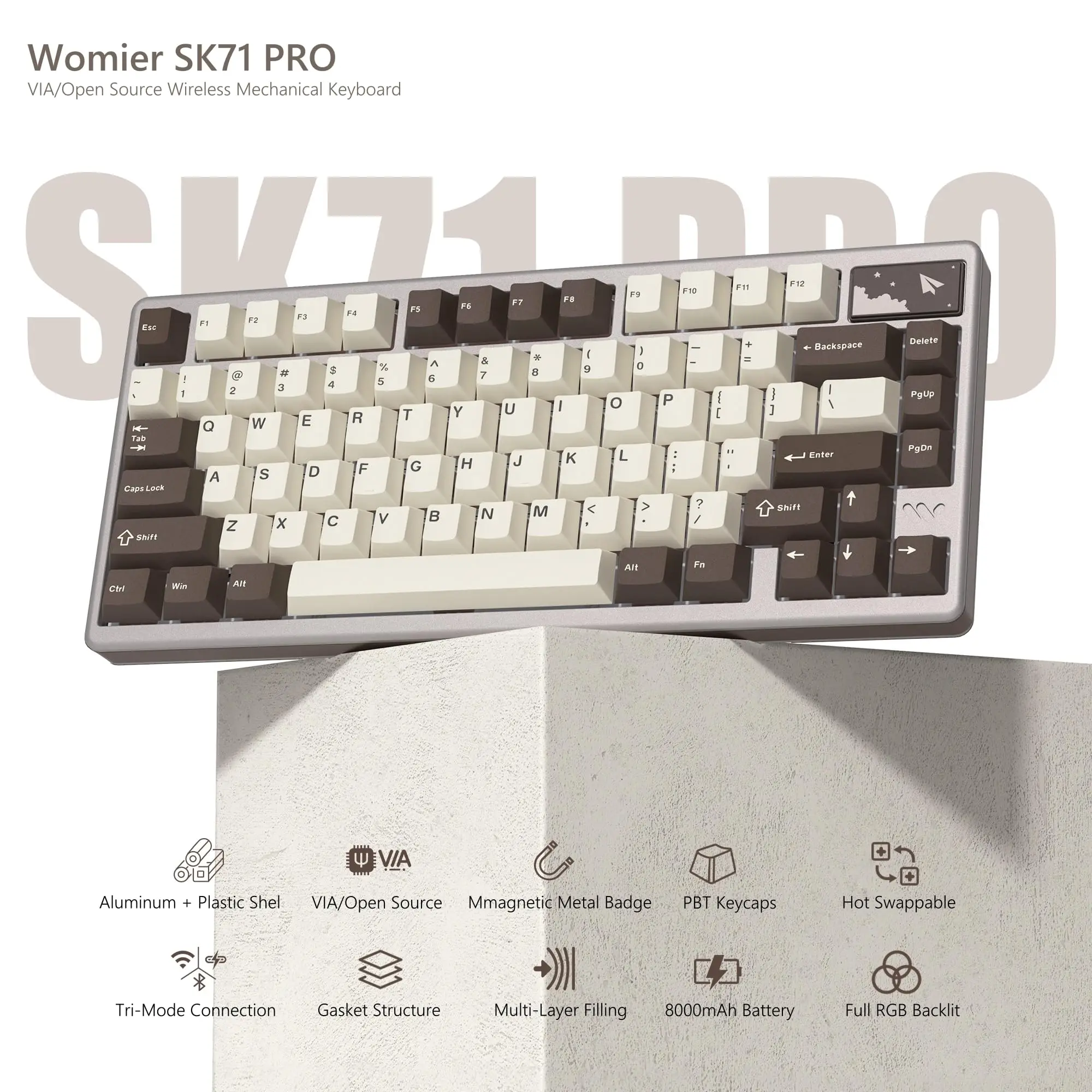 Womier SK71Pro Keyboard Mekanis Nirkabel QMK/VIA Tri-mode Bluetooth/2.4G/USB-C Keyboard Gaming RGB Dapat Ditukar Panas