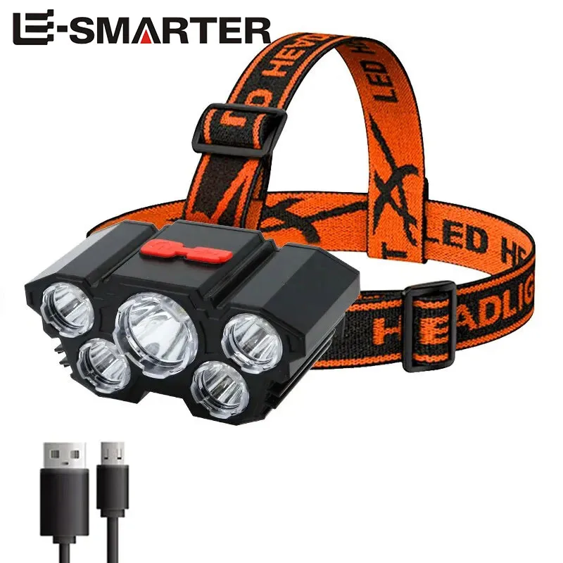 5LED Powerful Headlamp USB Rechargeable Self-defense Head Flashlight Outdoor Camping Fishing Adventure Headlight 4 Lighting Mode