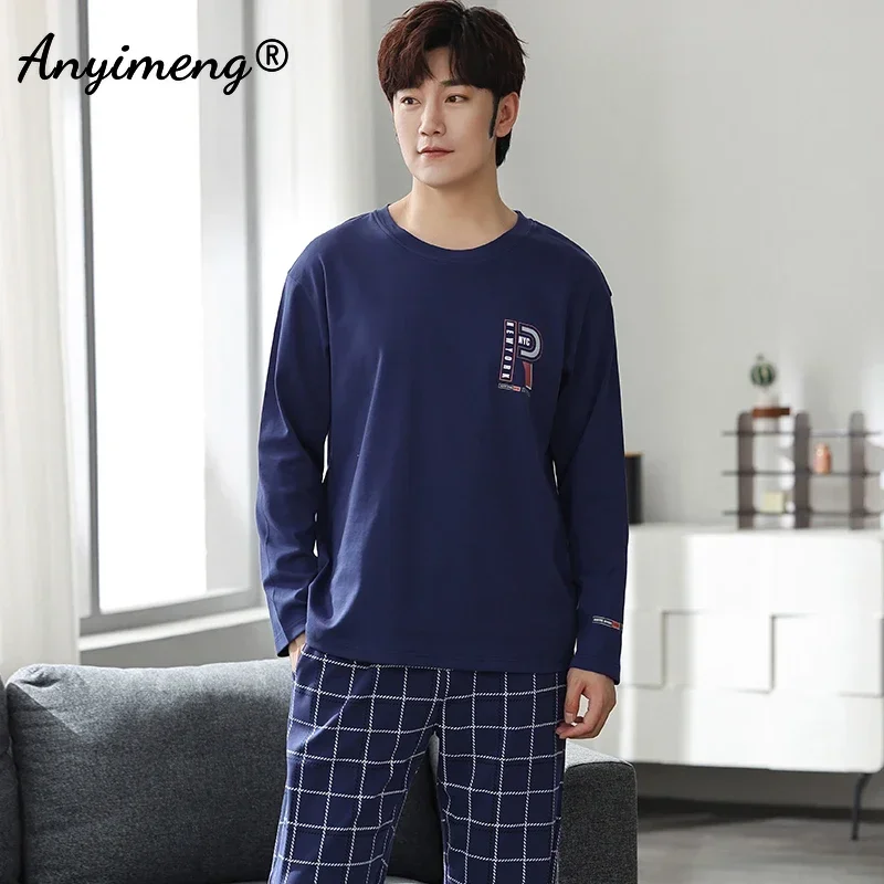 Conjunto de Pijamas de estilo minimalista coreano para hombre, ropa de dormir de algodón de manga larga, para ocio, a la moda