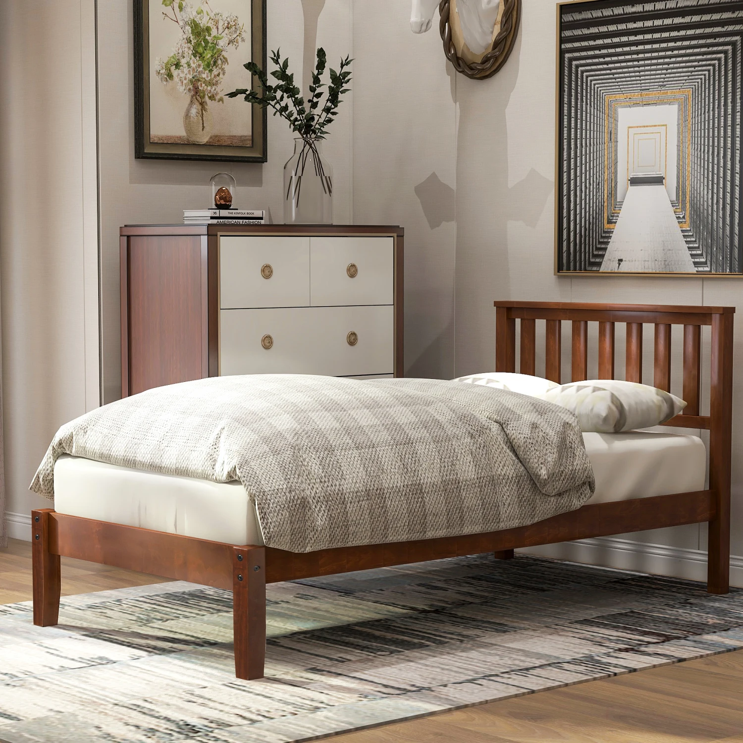 

Wood Platform Bed Headboard Slat Support Twin Walnut