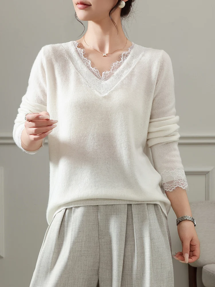 

New Spring Autumn Women's Sweater Merino Wool Knitwear V-Neck Pullover Thin Blouse Long Sleeve Cashmere Clothing Top Lady Jersey