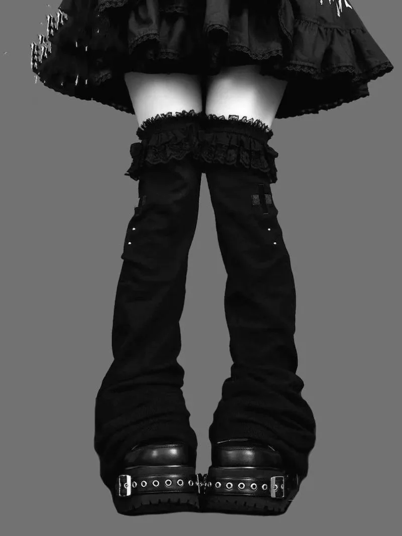 Japanese Dark Black Lace Lolita Wide Leg Socks Beautiful Legs Shaping Over-the-Knee Stacked Flared Slim High Tube Leg Warmers