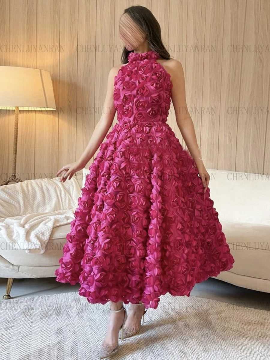 Robe de soirée en dentelle Hi-Lo Halter A-ligne à lacets, robes de soirée élégantes, mode de fleurs 3D, robes d'occasion formelles, 2023