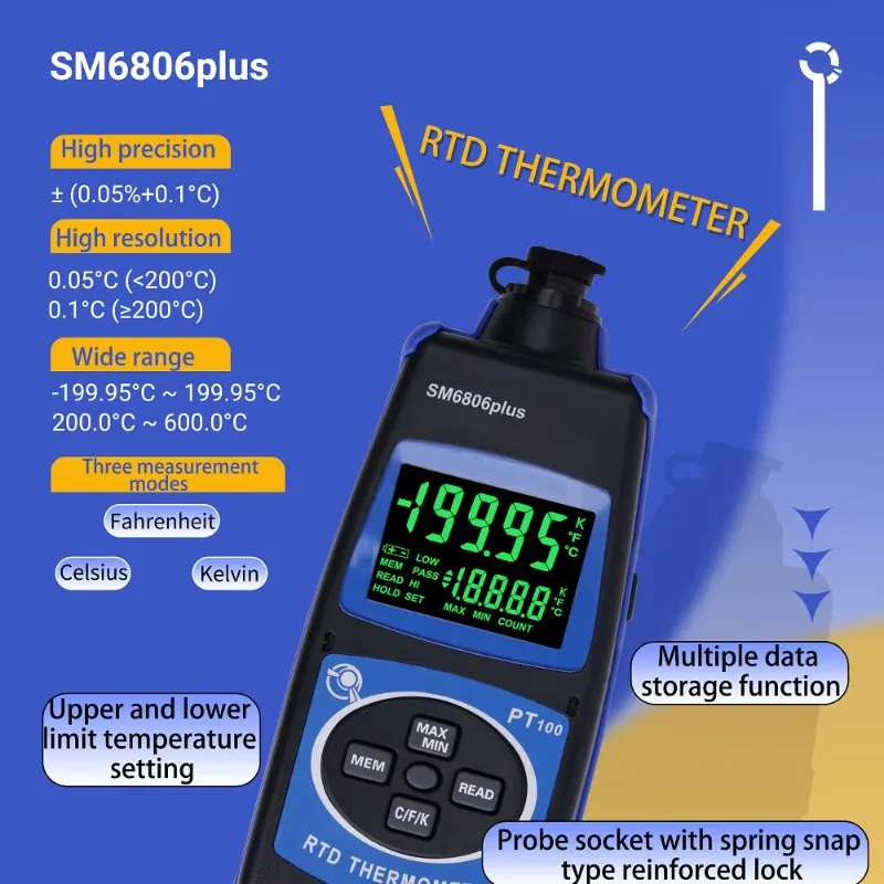 SM6806plus Digital Thermometer High Precision RTD Temperature Instrument for -200~600 Celsius Degree Measurements