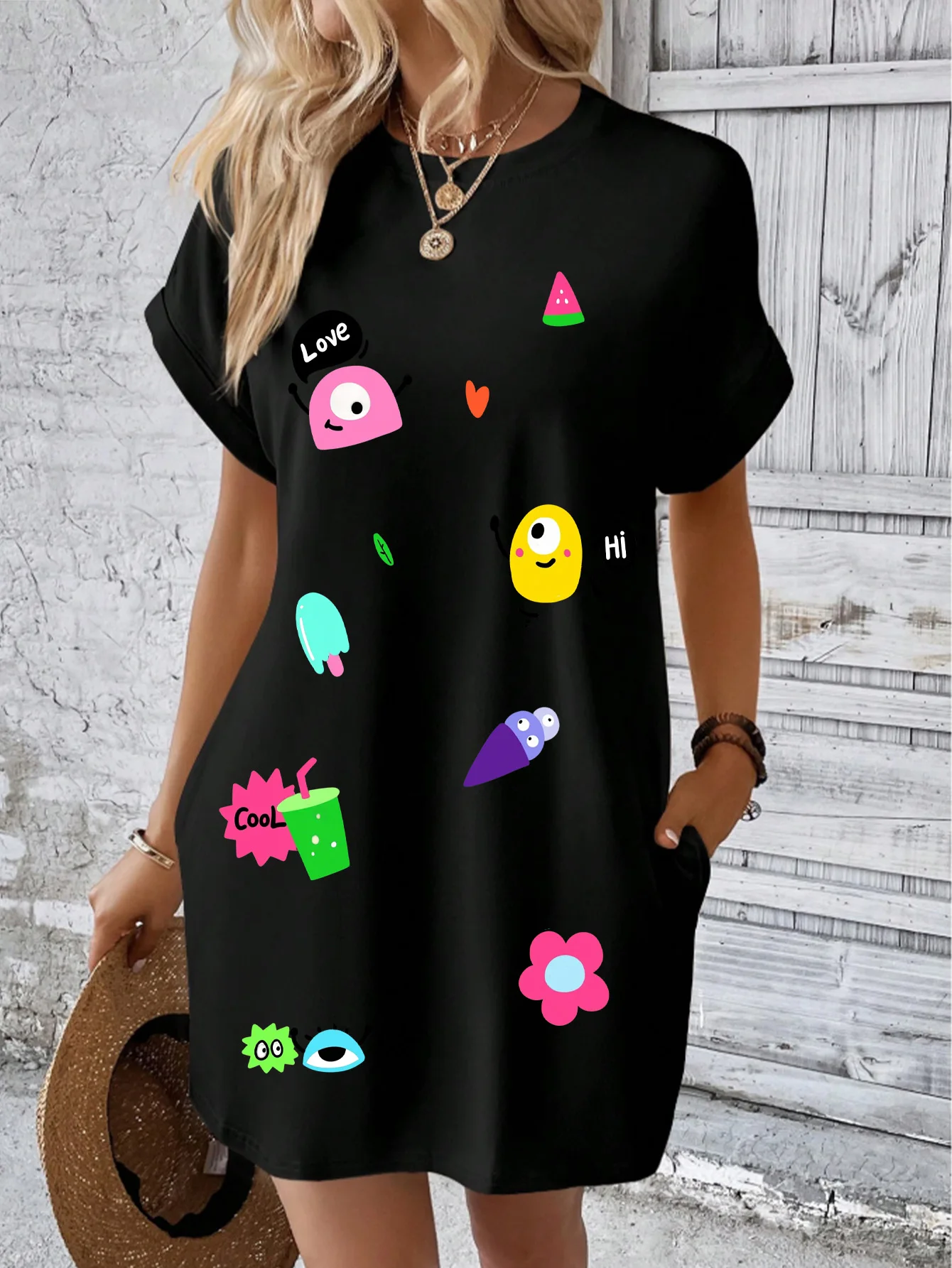 

Women's high-end black crew neck dress, premium Sorona fabric, with colorful cartoon prints (watermelon, ice cream, fun text).