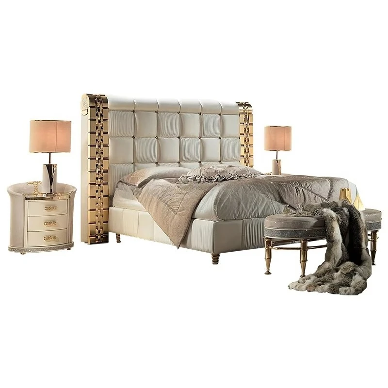 Italian Luxury Solid Wood Bed Genuine Leather Fabric Wedding Bed European Style Villa Princess Bed Bedroom Sets