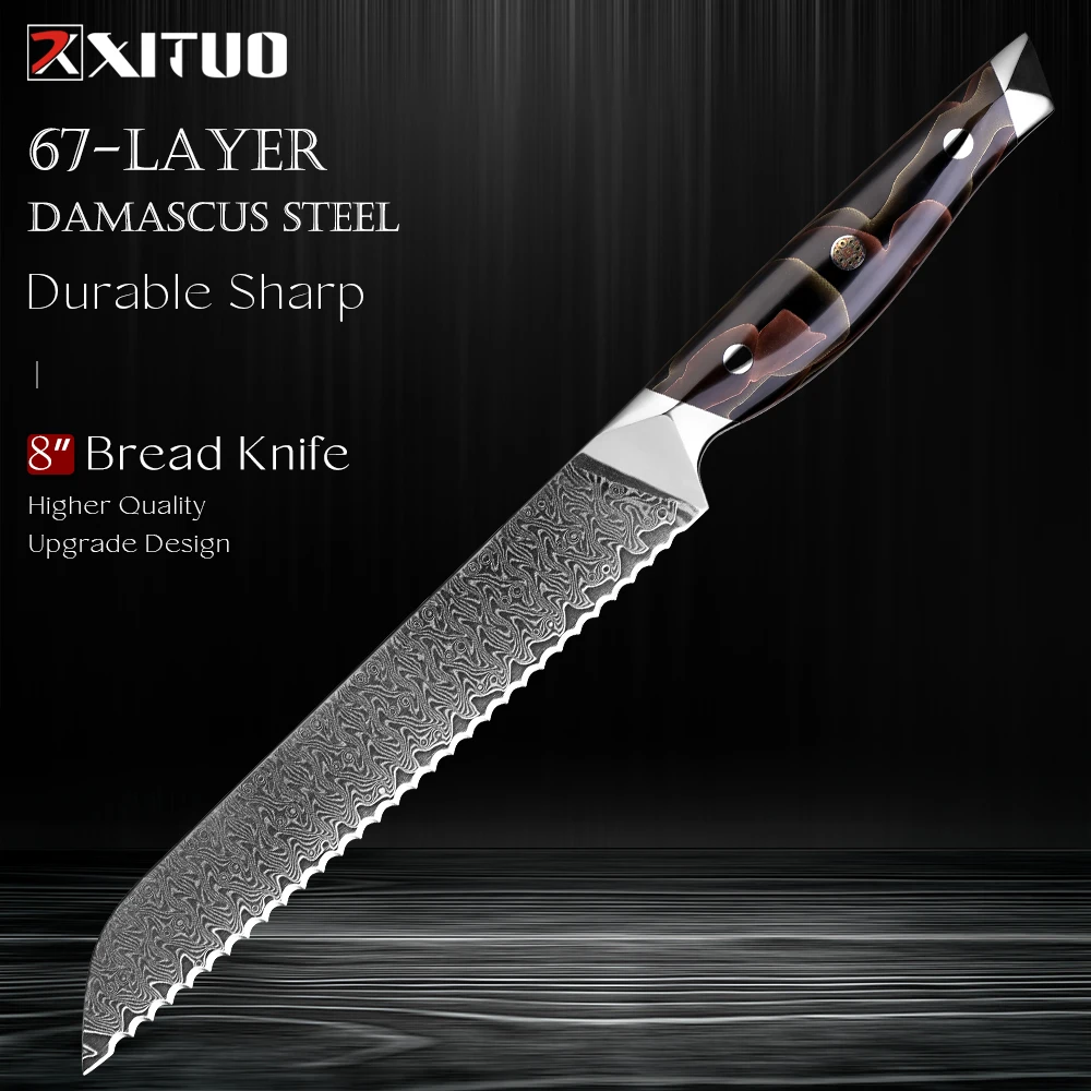 

8 Inch Bread Knife Sharp Damascus Steel Serrated Bread Knife,for Homemade Bread, Bagels, Sourdough,Copper Platinum Resin Handle