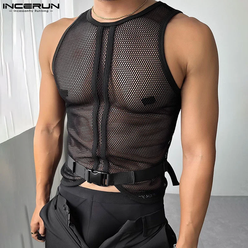 Party Nightclub Style Tops INCERUN Men\'s Buckle Mesh Knitted Hollow Vests Fashion Clubwear Male Perspective Thin Tank Tops S-5XL