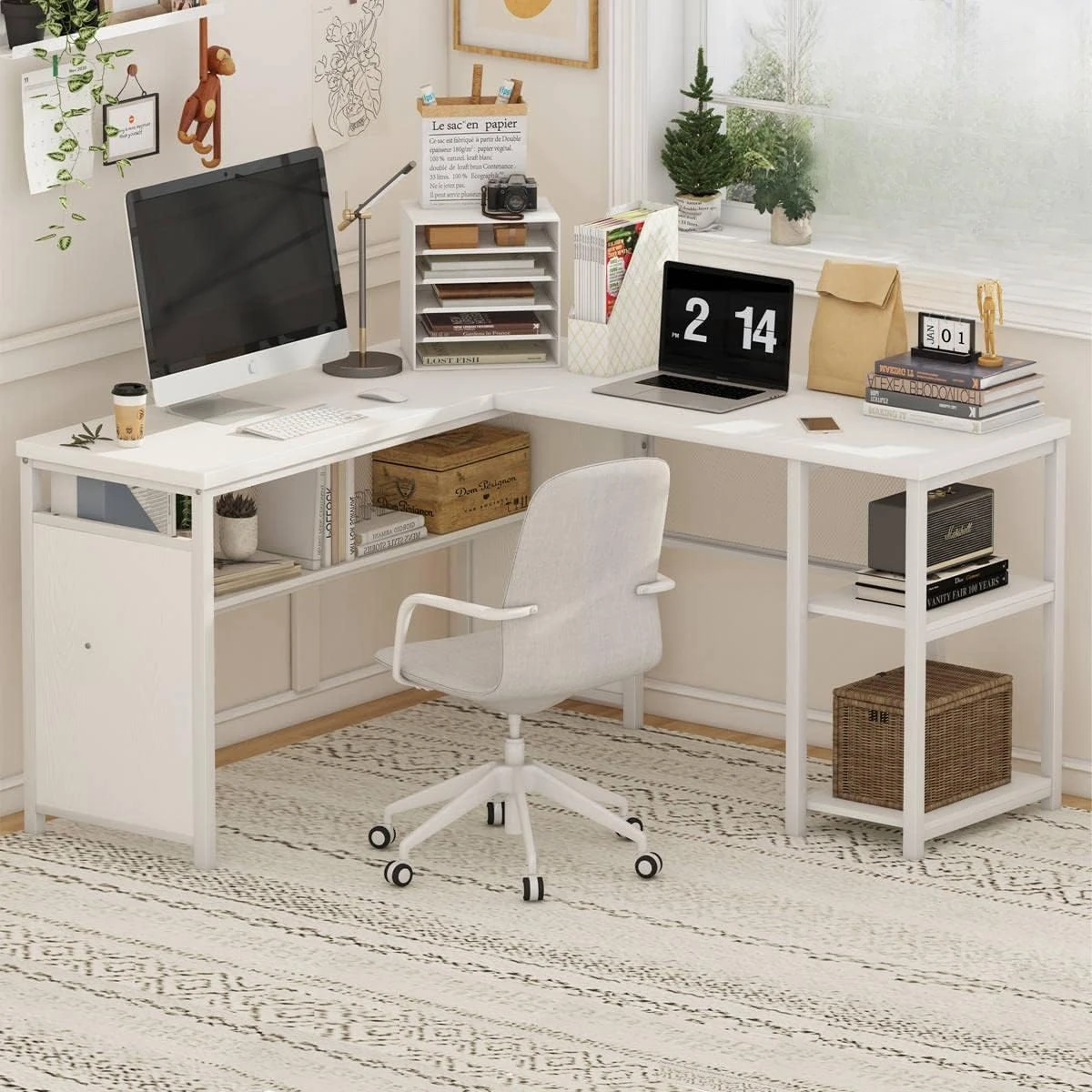 Reversible Modern Corner Desk for Home Office, Rustic Wood and Metal Desk with Storage, White Oak (59 Inch)