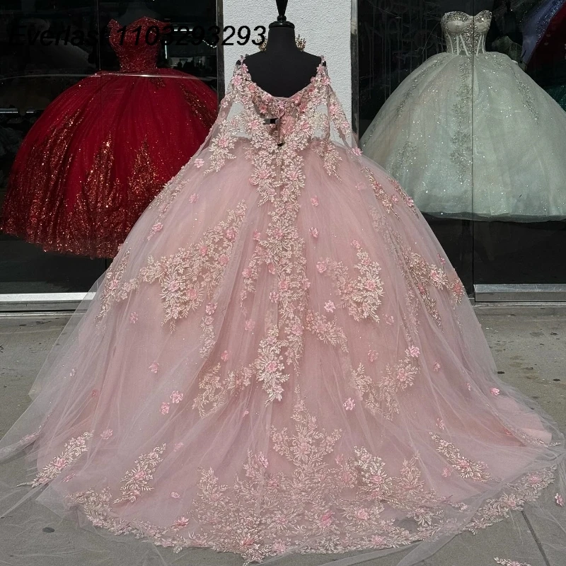 إيفلاست الوردي Quinceanera ثوب الكرة مع الرأس ، 3D الزهور الدانتيل زين ، طويلة الأكمام ، الحلو 16 ، tqd282