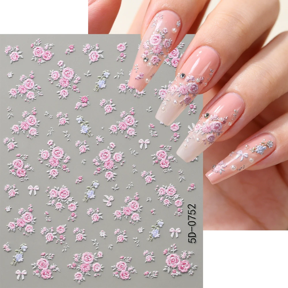2Pcs 5D Embossed Rose Flower Nail Art Stickers Pink Romantic Pink Rose Nail Decals Self-Adhesive Exquisite Floral Nail Stickers