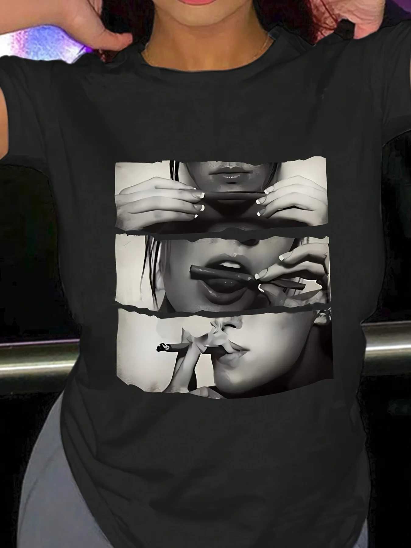 

Summer women's fashionable casual loose artistic portrait print round neck short sleeved comfortable T-shirt top