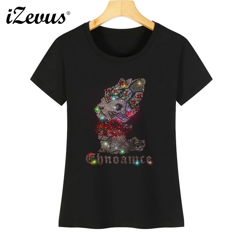 

IZEVUS Best-selling Women's T-shirt Summer Short Sleeve Women's Fashion Hot Drill Round Neck Soft Cotton Women's T-shirt