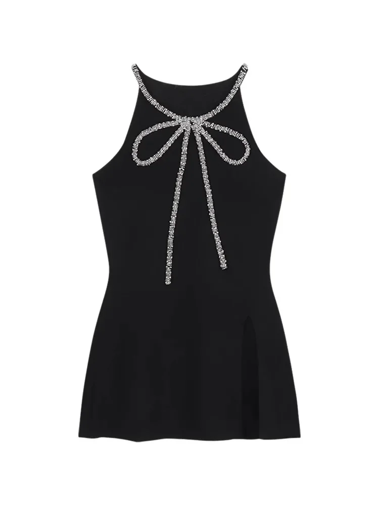 Bla Bow Diamond Embellished Women's Svel Crop Top Outerwear Slim Fit Summer Trendy Faion Bamboo Fiber