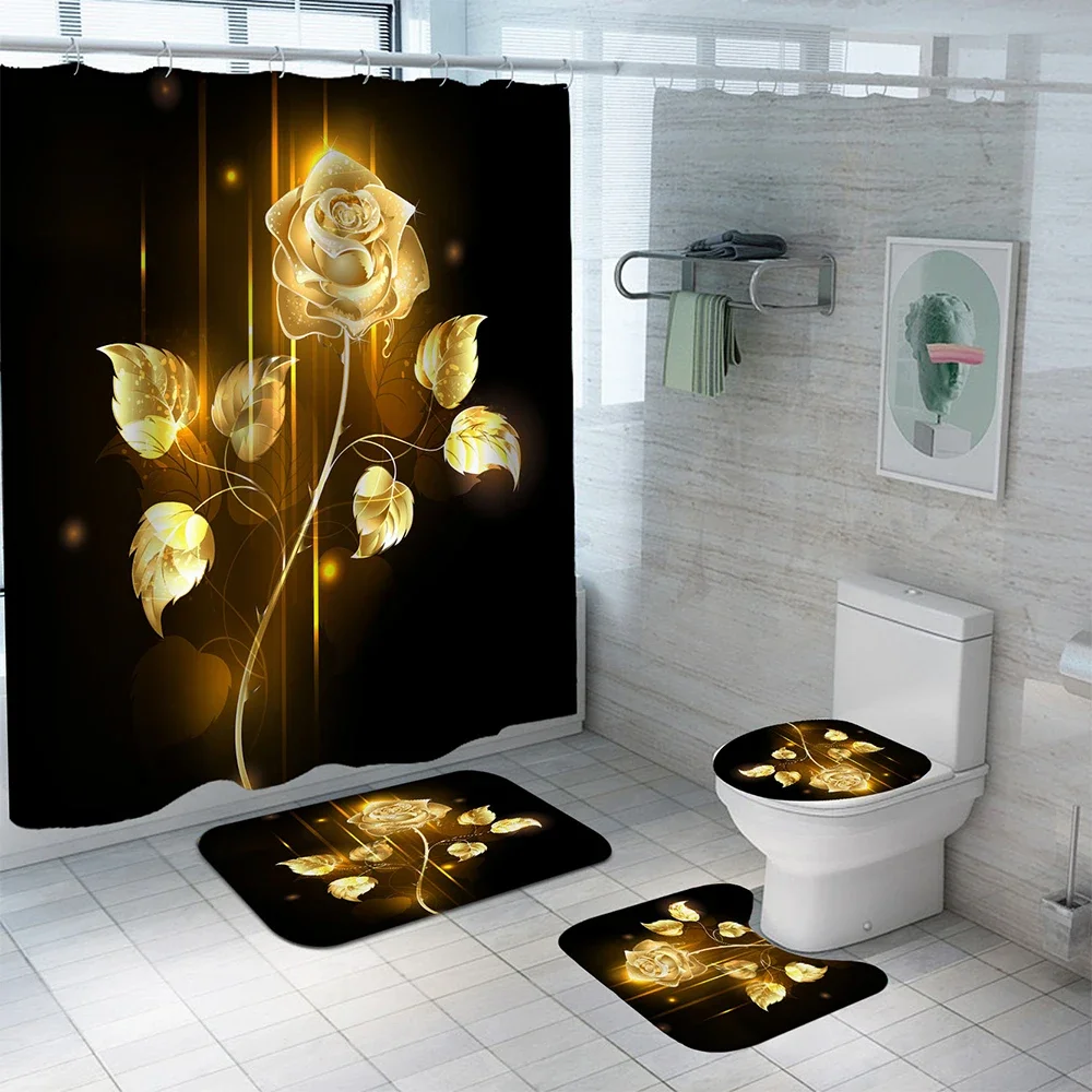 Shiny Blue Golden Rose Waterproof Shower Curtain Set Toilet Cover Mat Nonslip Bath Rugs Bathroom Valentine\'s Day Christmas Decor