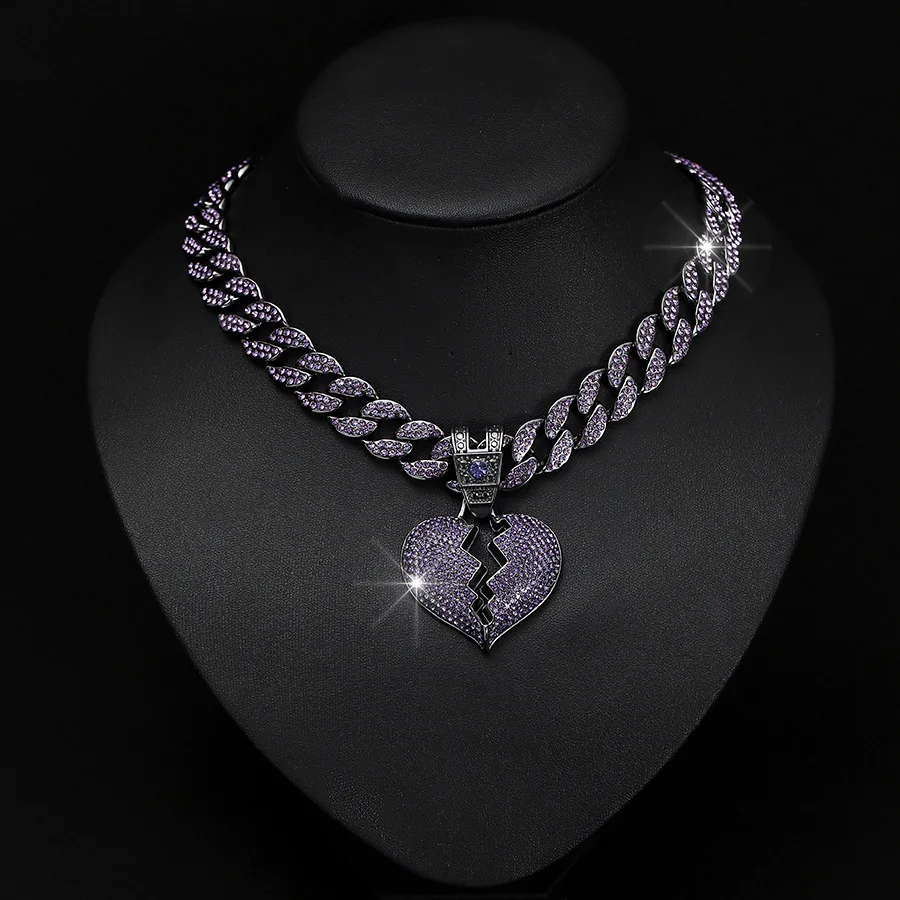 Luxury Dark Purple 18 inch Cuban Chain Necklace Broken Heart Pendant for Men Women Hip Hop Bling AAA Rhinestones Jewelry