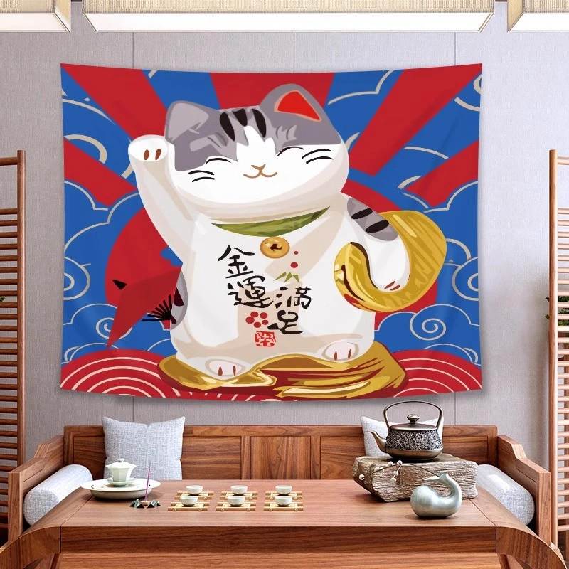 VIKAMA Maneki Neko Tapestry Wall Hanging Koi Fish Torii Sakura Fan Japanese Wave Cute Aesthetic Wall Art Bedroom Decor