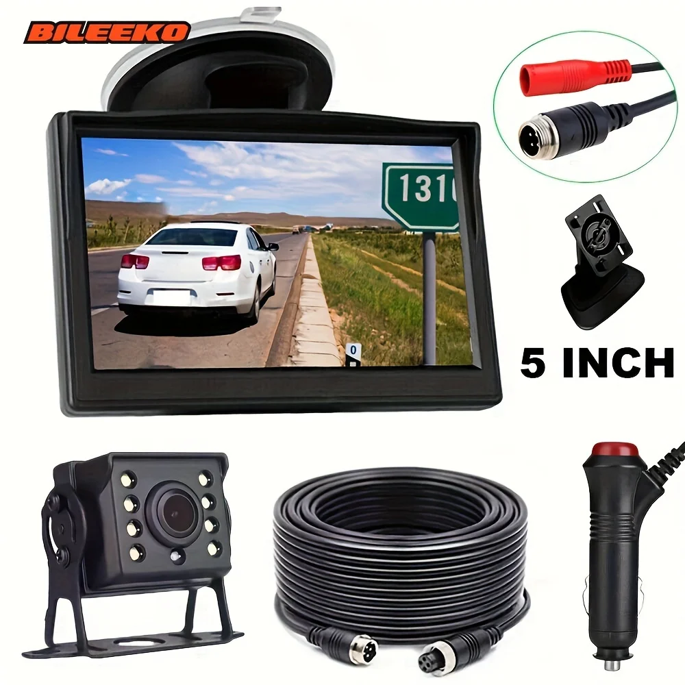 

Car Backup Rear View Camera Kit with Monitor 4Pin Cable Heavy Duty Camera for RV Bus Truck 12V/24V Easy Installation