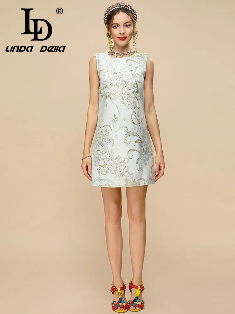 LD LINDA DELLA Designer Summer Fashion Short Tank Dress senza maniche Luxury Crystal Bead Print Vintage Party Mini Dress