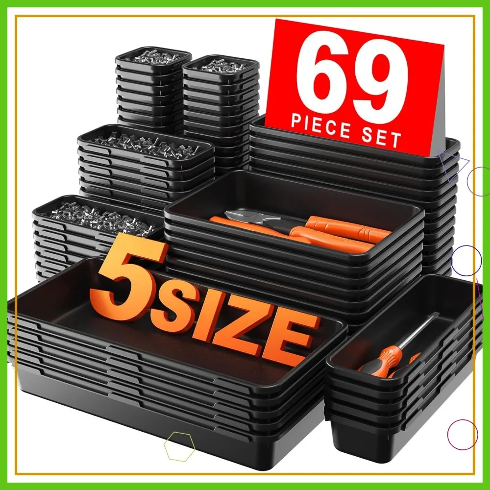 

Набор органайзеров для ящиков для инструментов, 69 предметов, 5 размеров, черный лоток для ящиков для хранения в гараже и тележки на колесиках