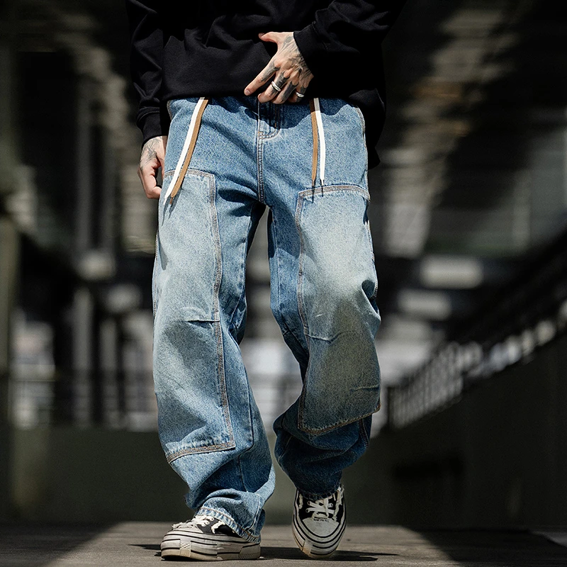 

Men's American High Street Fashion Hip Hop Loose Casual Denim Baggy Cargo Jeans Pants Cityboy Streetwear Wide Leg Jeans Trousers