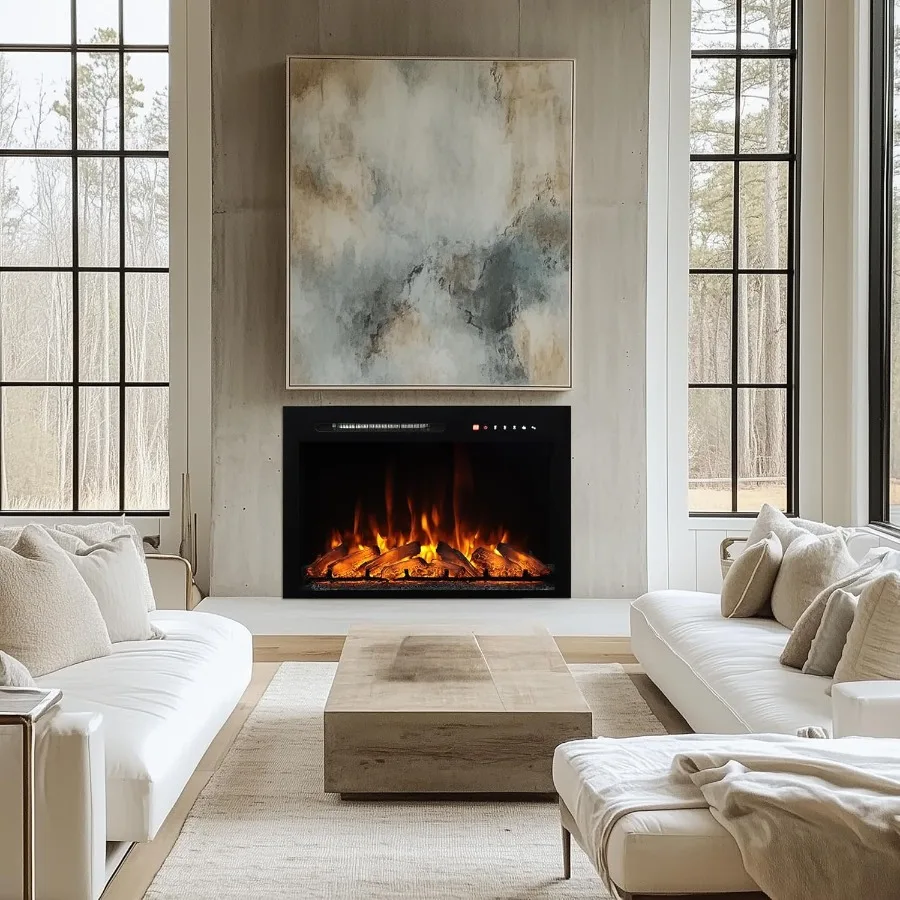 33 in Electric Fireplace Inserts Wall Mounted and Recessed Fireplace Heater with Remote Control Featuring 8 Flame Colors Adjust
