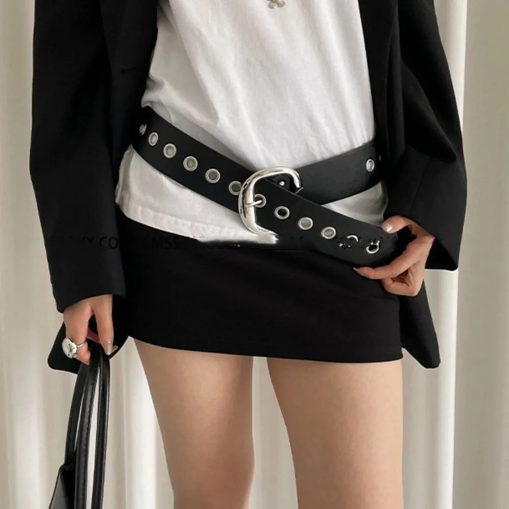 

Fashion Double-Row Hole Women Wide Belt Vintage Jeans Girdle Leather Waistband All Match Metal Buckle Punk Style Belt Women