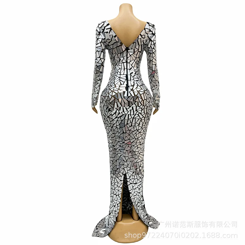 Srebrna Sukienka z Cekinami Strój Sceniczny dla Wokalistki Elegancka Atmosfera Suknie na Uroczystości Absolutorium Abito Da Cerimonia Donna