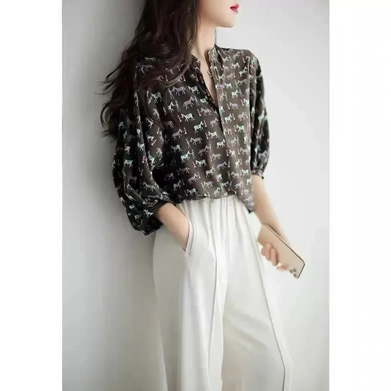 

Tcyeek 100%Real Silk Women's Retro Elegant Shirt Thin Cartoon Print Puff Sleeve OL Commuter Blouses 2023 Autumn New T3D562QM