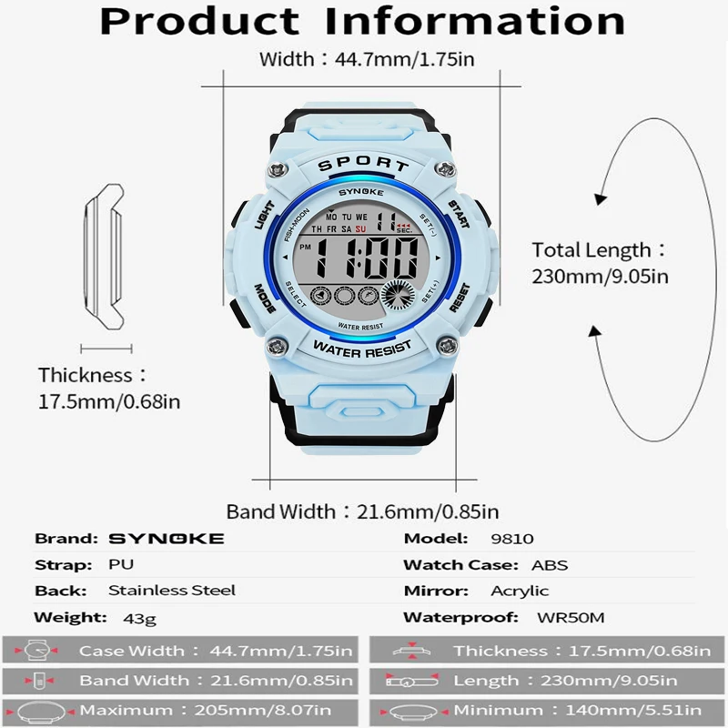 Synoke Shockproof Digital Sport\'s Watches Fashion PU Strap 50M Waterproof Colorful Light Led Chronograph Women\'s Wristwatch