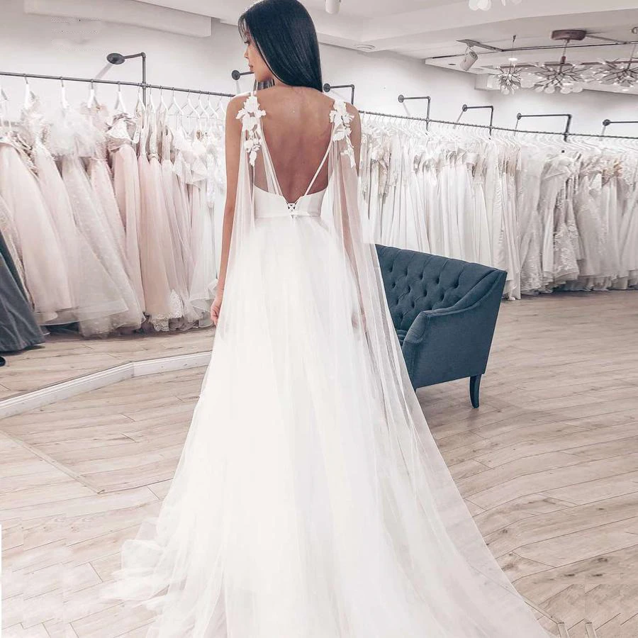 2023 Ruby Sexy Spaghetti Straps Boho Backless abito da sposa gonna in Tulle Top Satin Vestido De Novia abito da sposa senza maniche con scollo a v