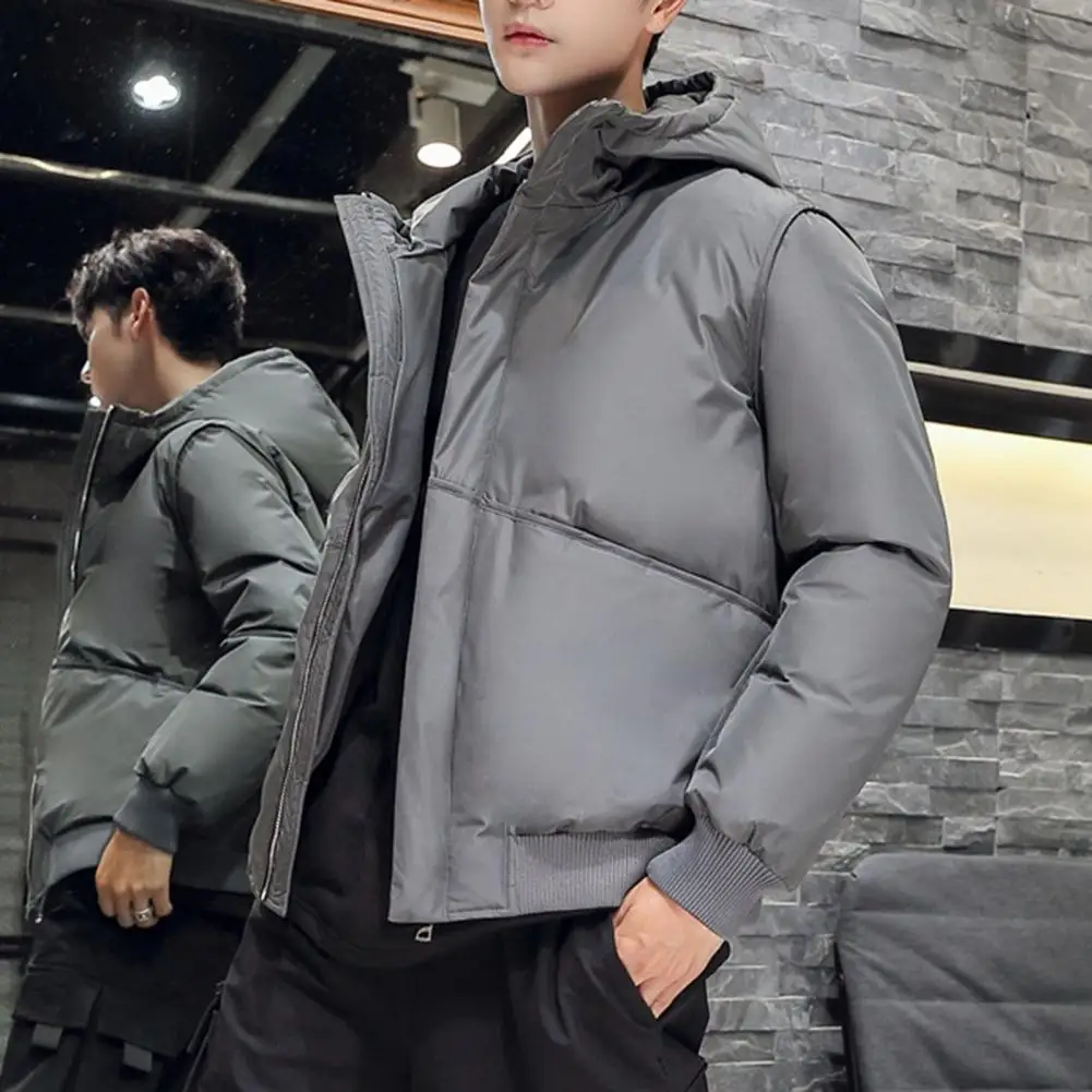 

Hooded Cotton Coat Men's Winter Hooded Down Jacket with Elastic Cuff Zipper Pockets Windproof Warm Cotton Coat for Fall Season